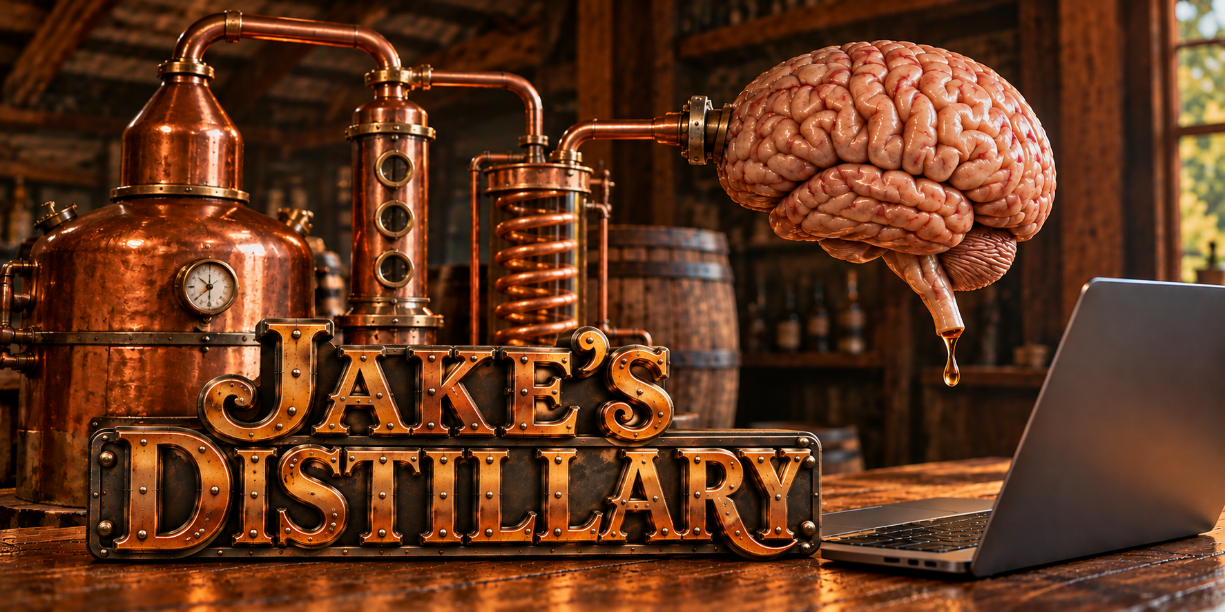 Jake's Distillary: copper still, brain and laptop